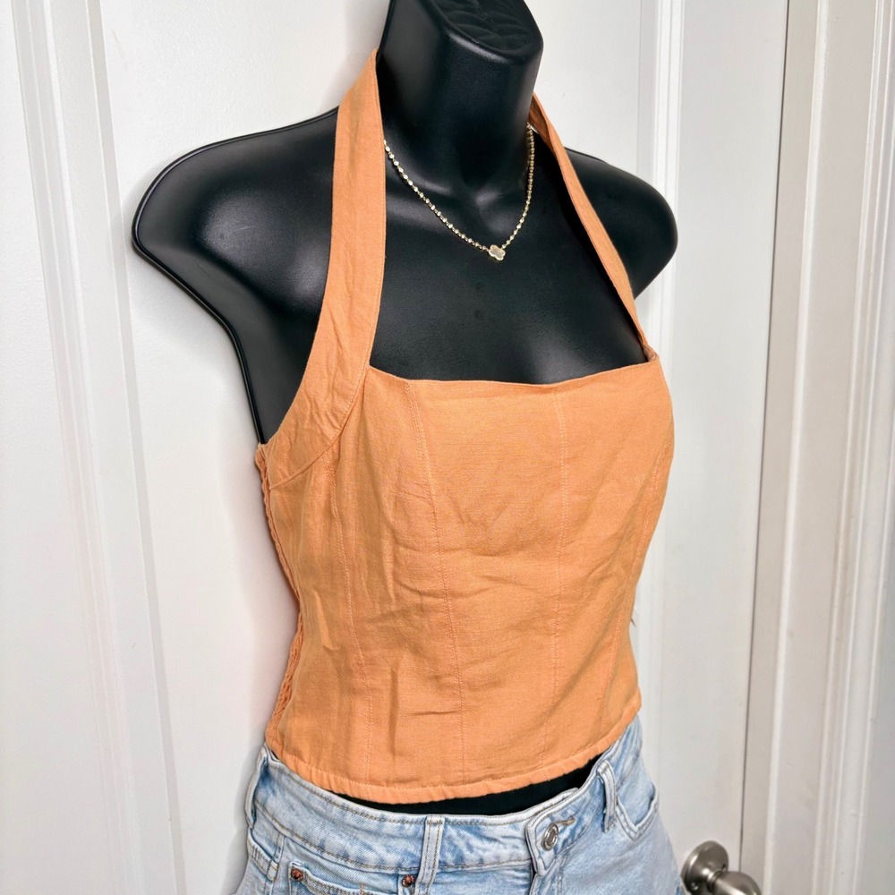 Midnight Sky Corset Halter Top Linen Blend Women's Size Small Orange Smocked NWT